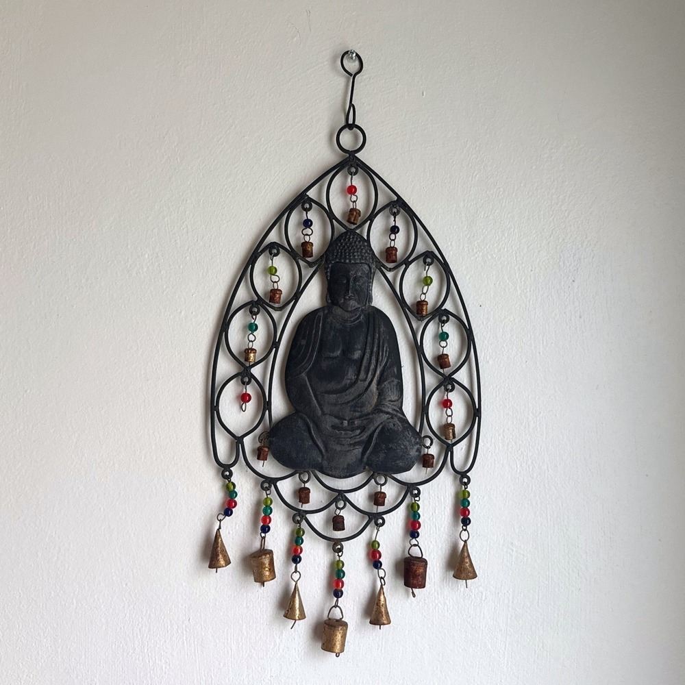 Vintage Metal Buddha Wall Hanging Wrought Iron Bells Beads Boho Decor